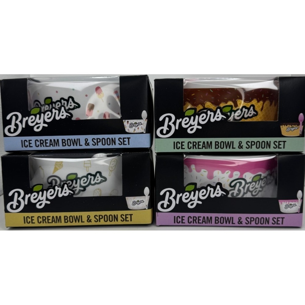 Breyers Ice Cream Bowl & Spoon Set Lot of 4 Assorted Sundae Dessert Cups NIB
